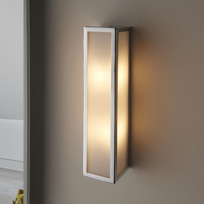 Bathroom Wall Light Fitting - Chrome Plate & Frosted Glass Shade  - Twin Lamp