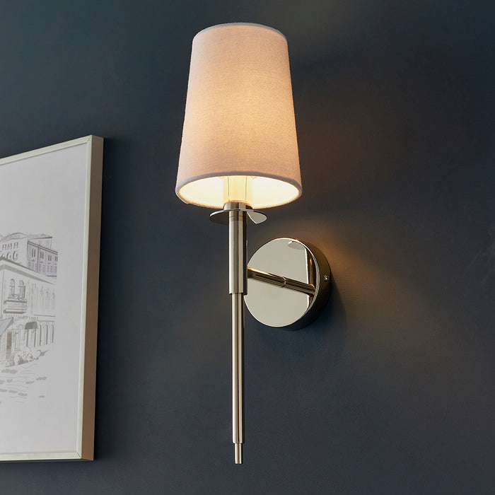 Bright Nickel Plated Wall Light & White Cotton Shade - Modern Sconce Fitting