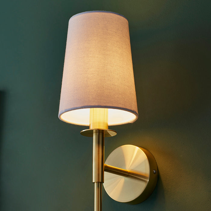 Satin Brass Plated Wall Light & White Cotton Shade - Modern Sconce Fitting