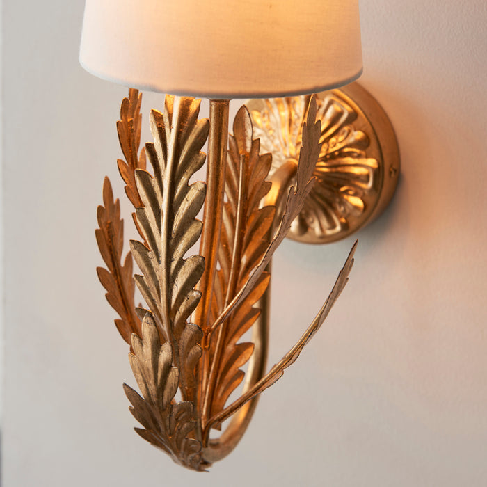 Ornate Gold Wall Light Fitting & Ivory Cotton Shade Decorative Leaf Design