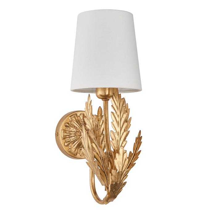 Ornate Gold Wall Light Fitting & Ivory Cotton Shade Decorative Leaf Design
