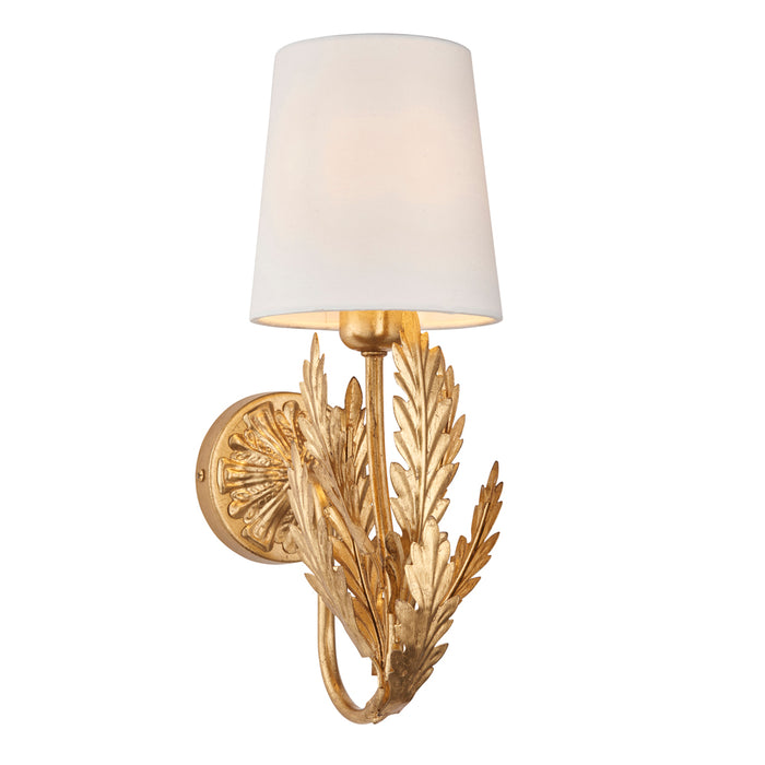 Ornate Gold Wall Light Fitting & Ivory Cotton Shade Decorative Leaf Design