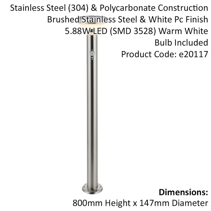 800mm Stainless Steel Outdoor Bollard Post Light - Solar Powered & PIR Sensor