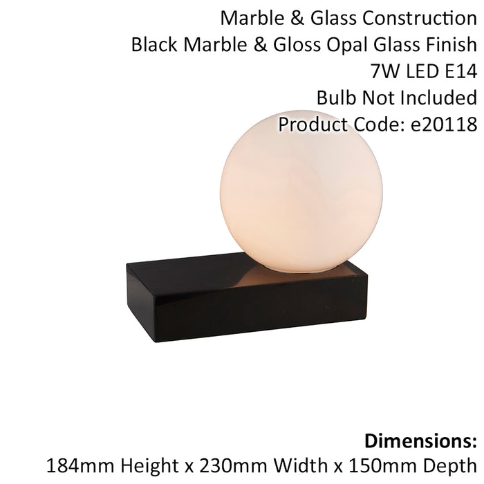 Gloss Black Designer Marble Base Table Lamp Light & Opal Sphere Glass Shade