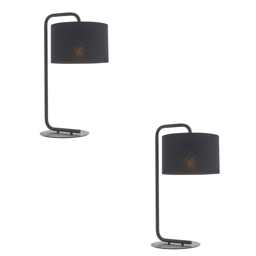 2 PACK Satin Black Table Lamp - 23cm Fabric Cylinder Shade - Bedroom Desk Light