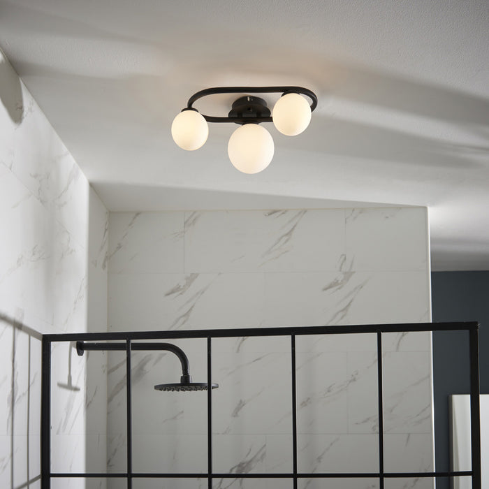 Semi Flush Multi Arm Bathroom Ceiling Light - Matt Black & White Glass - Oval