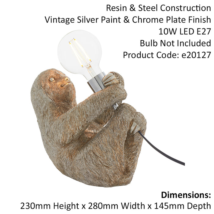 Vintage Silver Sloth Table Light - Resin Figure - Chrome Plated Lamp Holder