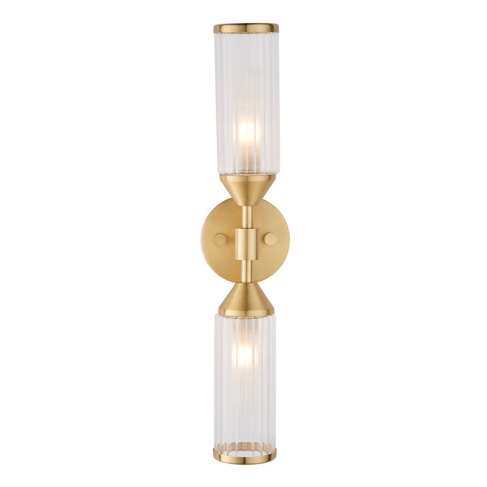 Satin Brass Twin Wall Light & Ribbed Glass Shades - Frosted Glass Inner Defusers