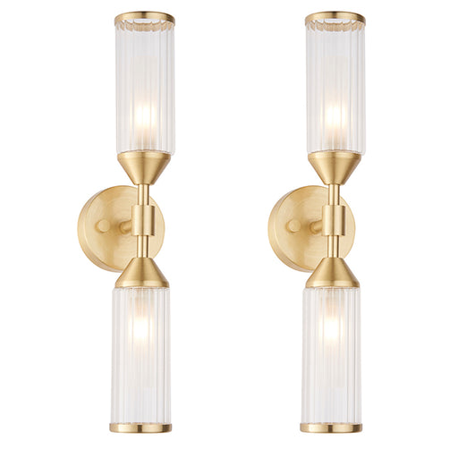 2 PACK Satin Brass Twin Wall Light & Ribbed Glass Shades Frosted Glass Defusers