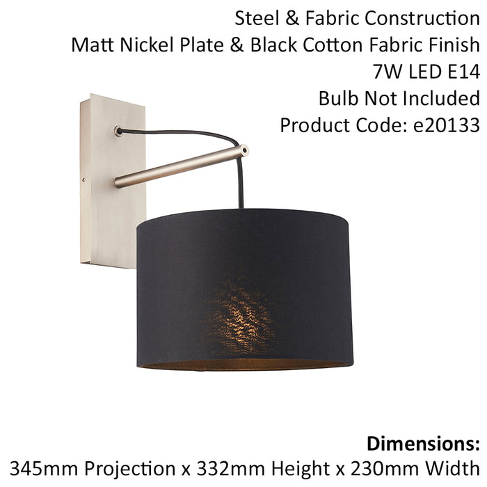 Matt Nickel Wall Light & Black Cotton Fabric Shade - Hanging Wall Lamp Fitting