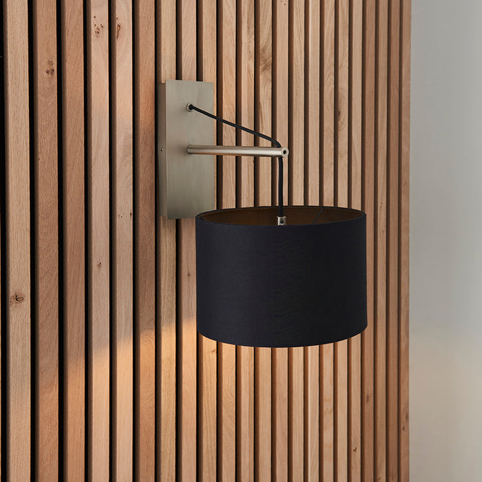 Matt Nickel Wall Light & Black Cotton Fabric Shade - Hanging Wall Lamp Fitting