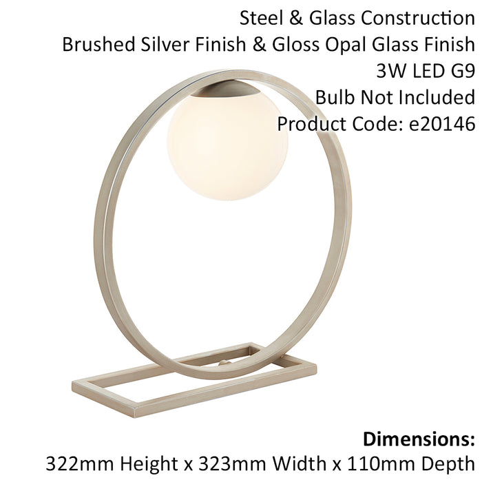 Brushed Silver Table Lamp Light - Gloss Opal Glass Shade - Circular Hoop Design