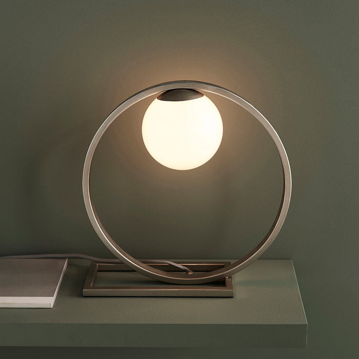 Brushed Silver Table Lamp Light - Gloss Opal Glass Shade - Circular Hoop Design