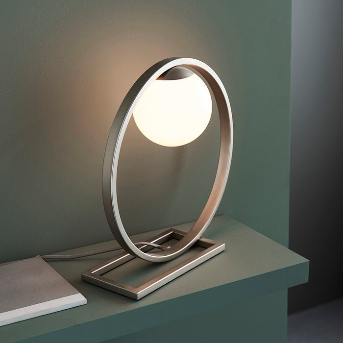 Brushed Silver Table Lamp Light - Gloss Opal Glass Shade - Circular Hoop Design