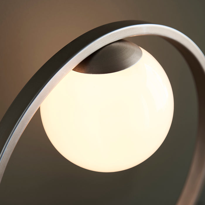 Brushed Silver Table Lamp Light - Gloss Opal Glass Shade - Circular Hoop Design