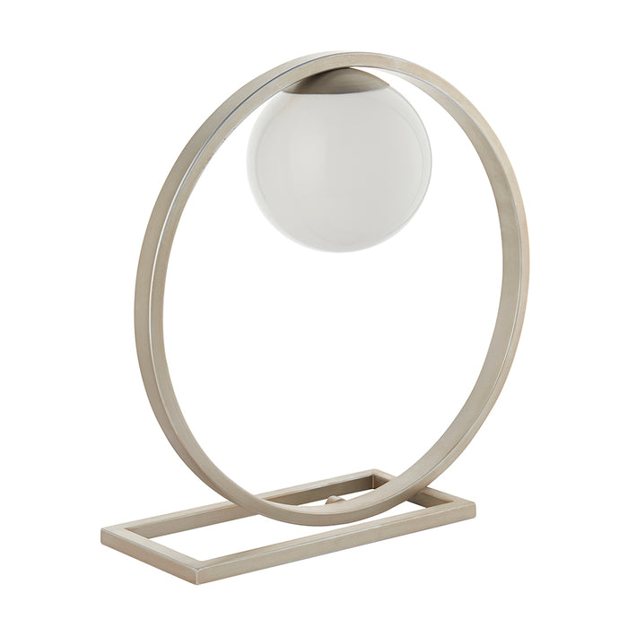 Brushed Silver Table Lamp Light - Gloss Opal Glass Shade - Circular Hoop Design