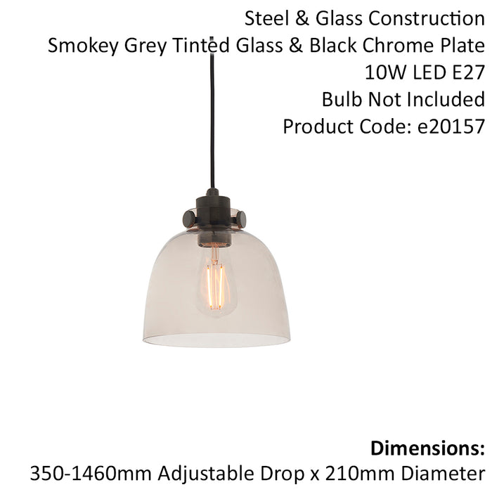 Industrial Ceiling Pendant Light Fitting - Matt Black & Smoked Grey Glass