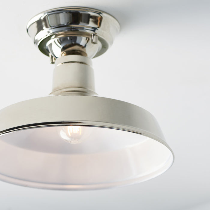 Semi Flush Ceiling Light Fitting - Bright Nickel Plate - Gloss White Inner Shade