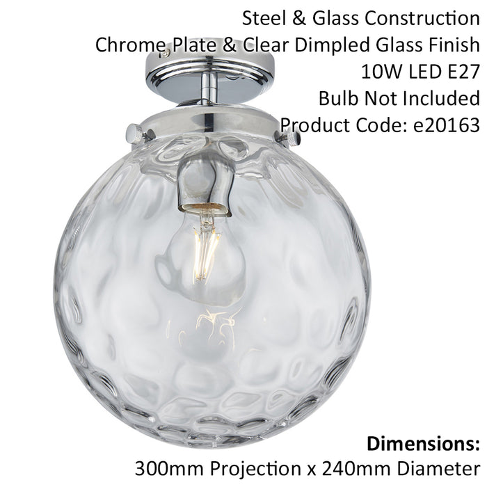 Decorative Flush Bathroom Ceiling Light Fitting - Clear Glass Dimpled Shade