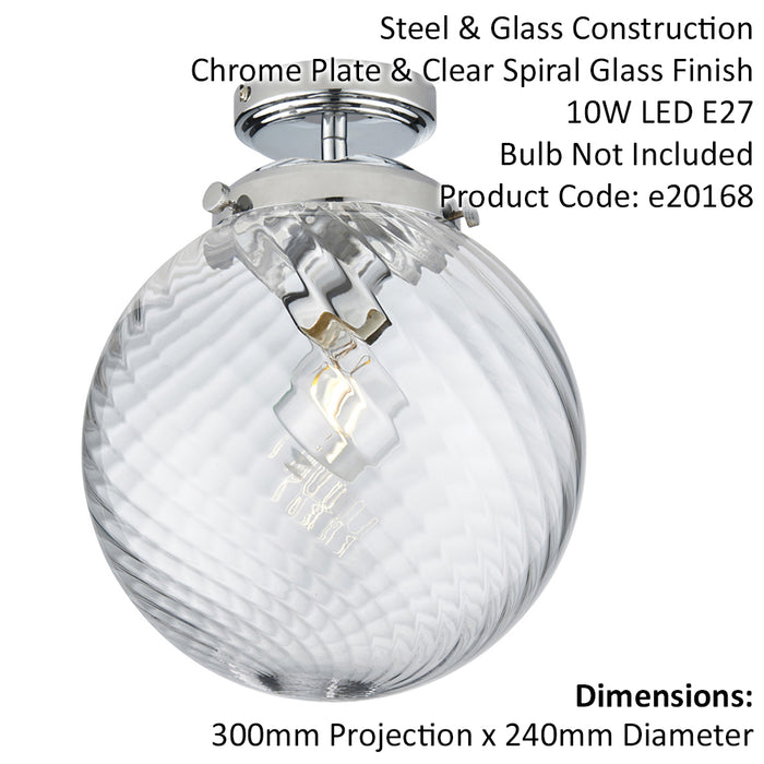 Decorative Flush Bathroom Ceiling Light Fitting - Clear Spiral Glass Shade