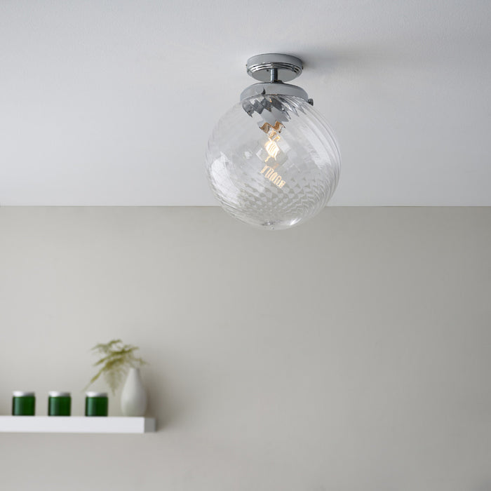 Decorative Flush Bathroom Ceiling Light Fitting - Clear Spiral Glass Shade