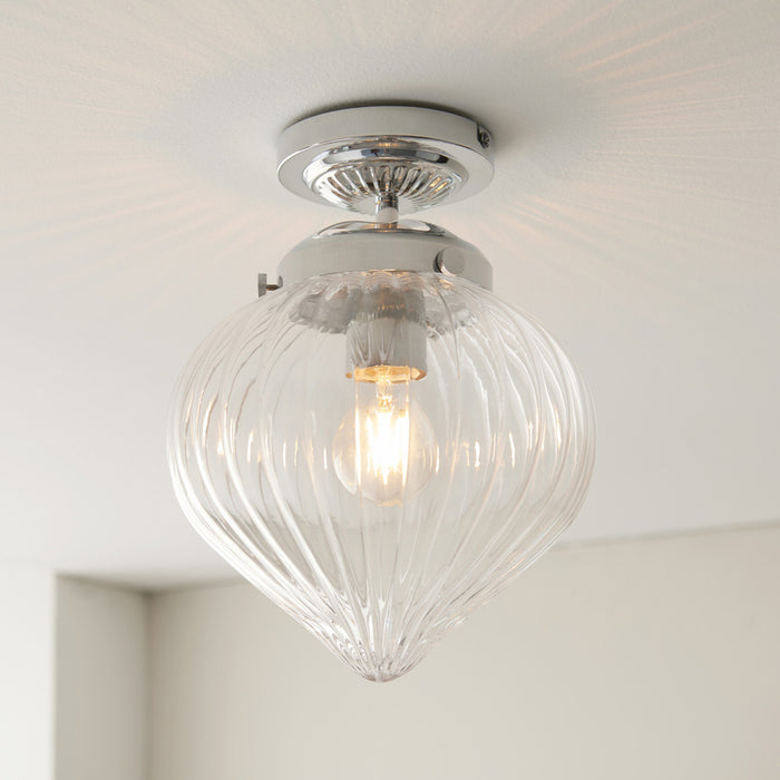 Decorative Flush Bathroom Ceiling Light Fitting - Clear Ribbed Glass Shade