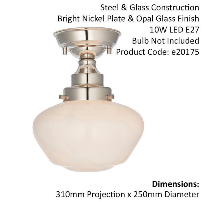 Polished Nickel Semi Flush Ceiling Light Fitting & Opal Glass Shade Low Profile