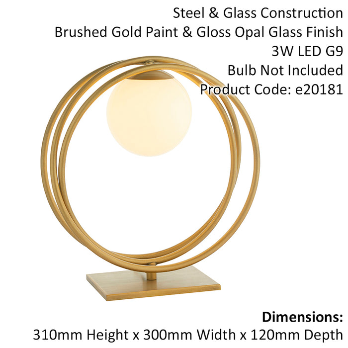 Brushed Gold Table Lamp Light - Gloss Opal Glass Shade - Circular Hoop Design