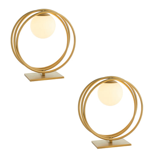 2 PACK Brushed Gold Table Lamp - Gloss Opal Glass Shade - Circular Hoop Design