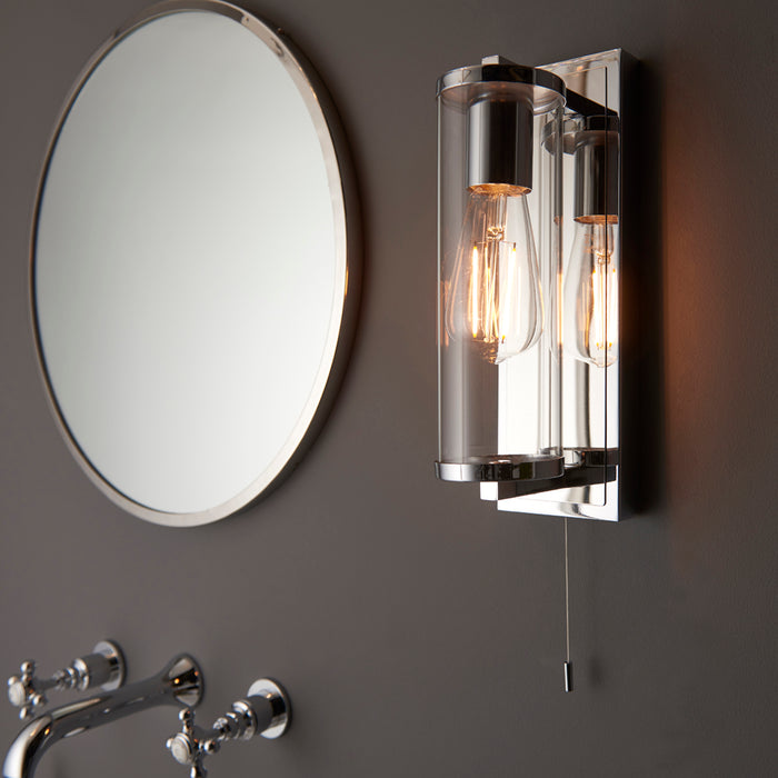 Chrome Bathroom Wall Light & Cylinder Glass Shade - IP44 Rated - Modern Sconce