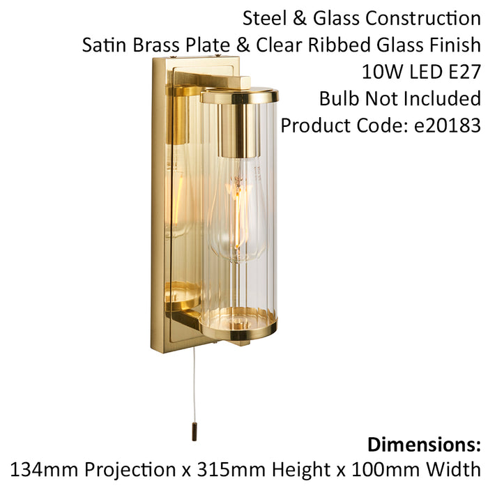 Satin Brass Bathroom Wall Light & Ribbed Cylinder Glass Shade IP44 Rated Fitting