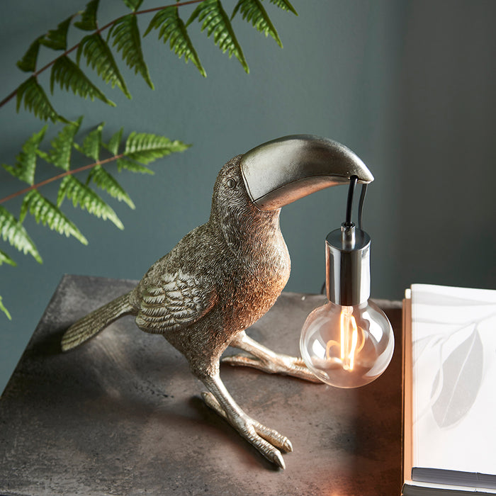 Vintage Silver Toucan Table Light - Resin Figure - Chrome Plated Lamp Holder