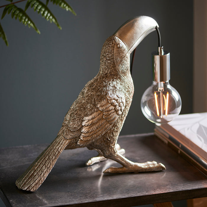 Vintage Silver Toucan Table Light - Resin Figure - Chrome Plated Lamp Holder