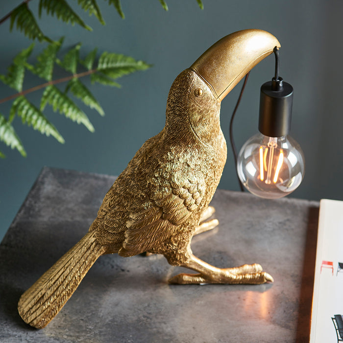 Vintage Gold Toucan Table Light - Resin Figure - Matt Black Lamp Holder