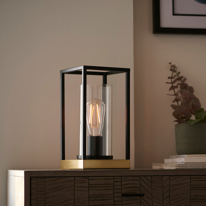 Matt Black Industrial Framed Table Lamp Light & Glass Shade - Satin Brass Base