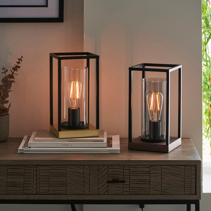 Matt Black Industrial Framed Table Lamp Light & Glass Shade - Bronze Patina Base