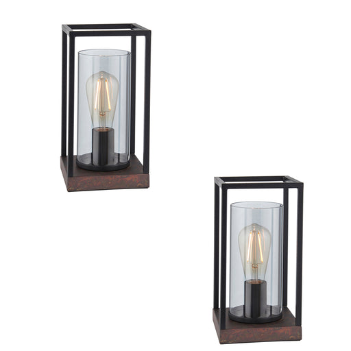 2 PACK Matt Black Framed Table Lamp Light & Glass Shade - Bronze Patina Base