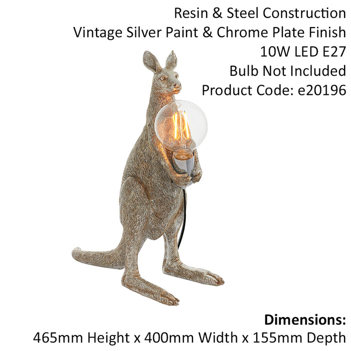 Vintage Silver Kangaroo Table Light - Resin Figure - Chrome Plated Lamp Holder