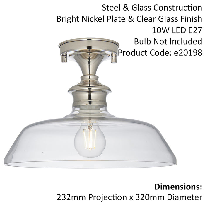 Semi Flush Ceiling Light Fitting - Bright Nickel Plate & Clear Glass Shade