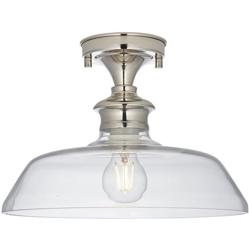 Semi Flush Ceiling Light Fitting - Bright Nickel Plate & Clear Glass Shade