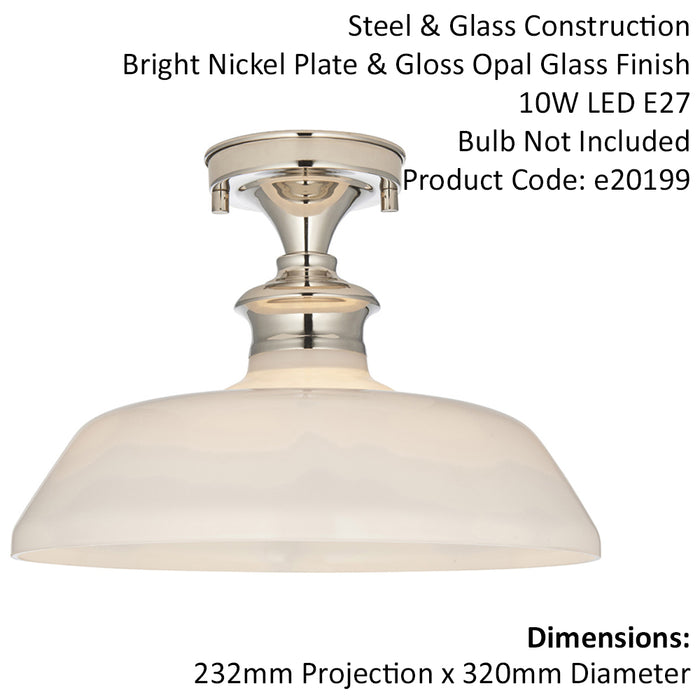 Semi Flush Ceiling Light Fitting - Bright Nickel Plate & Gloss Opal Glass Shade