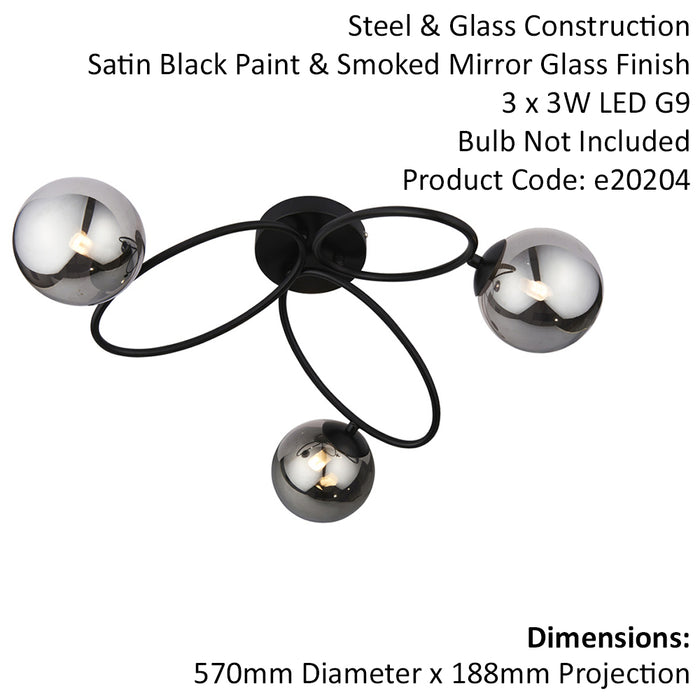 Semi Flush Multi Arm Ceiling Light Fitting - Satin Black & Smoked Mirror Glass 