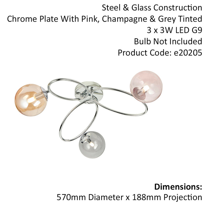 Semi Flush Multi Arm Ceiling Light - Chrome Plated - Pink Grey & Champagne Glass
