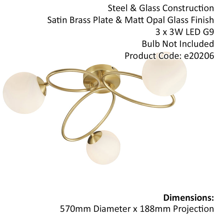 Semi Flush Multi Arm Ceiling 5 Light Fitting - Satin Brass & Opal Glass Shades