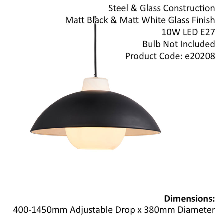 Matt Black & White Monochrome Domed Ceiling Pendant Light - Glass Inner Shade