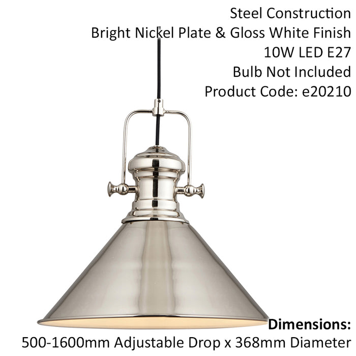 Minimalistic Light Ceiling Pendant Fitting - Polished Nickel & White Inner Shade