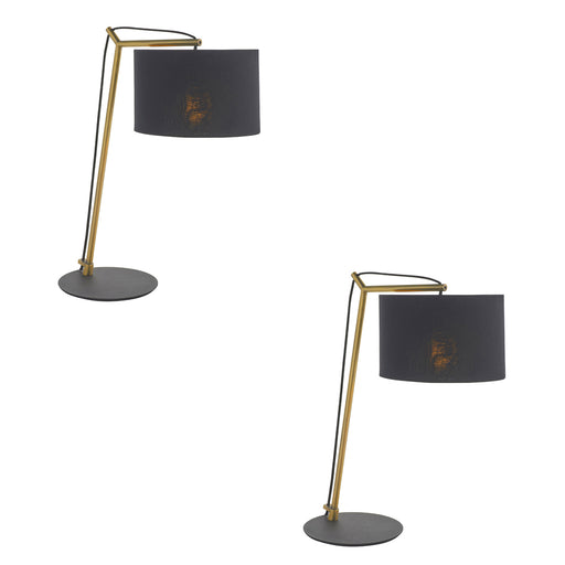 2 PACK Brass Plated Angular Table Lamp - Black Base & Cotton Shade - Desk Light