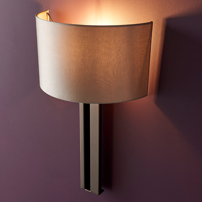 Brushed Bronze Slotted Wall Light Fitting & Mink Satin Half Shade - Dimmable