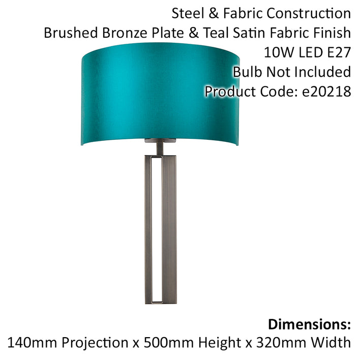 Brushed Bronze Slotted Wall Light Fitting & Teal Satin Half Shade - Dimmable