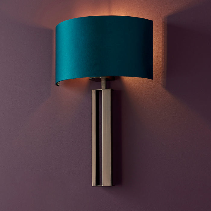 Brushed Bronze Slotted Wall Light Fitting & Teal Satin Half Shade - Dimmable